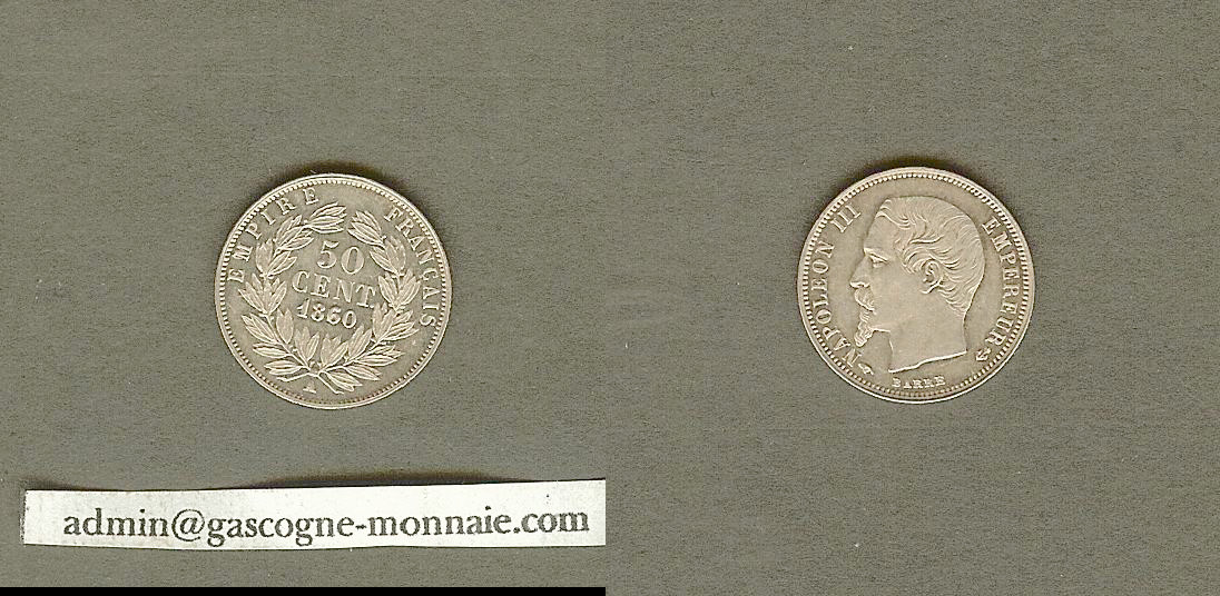 50 centimes Napoléon III, tête nue 1860 Paris SPL